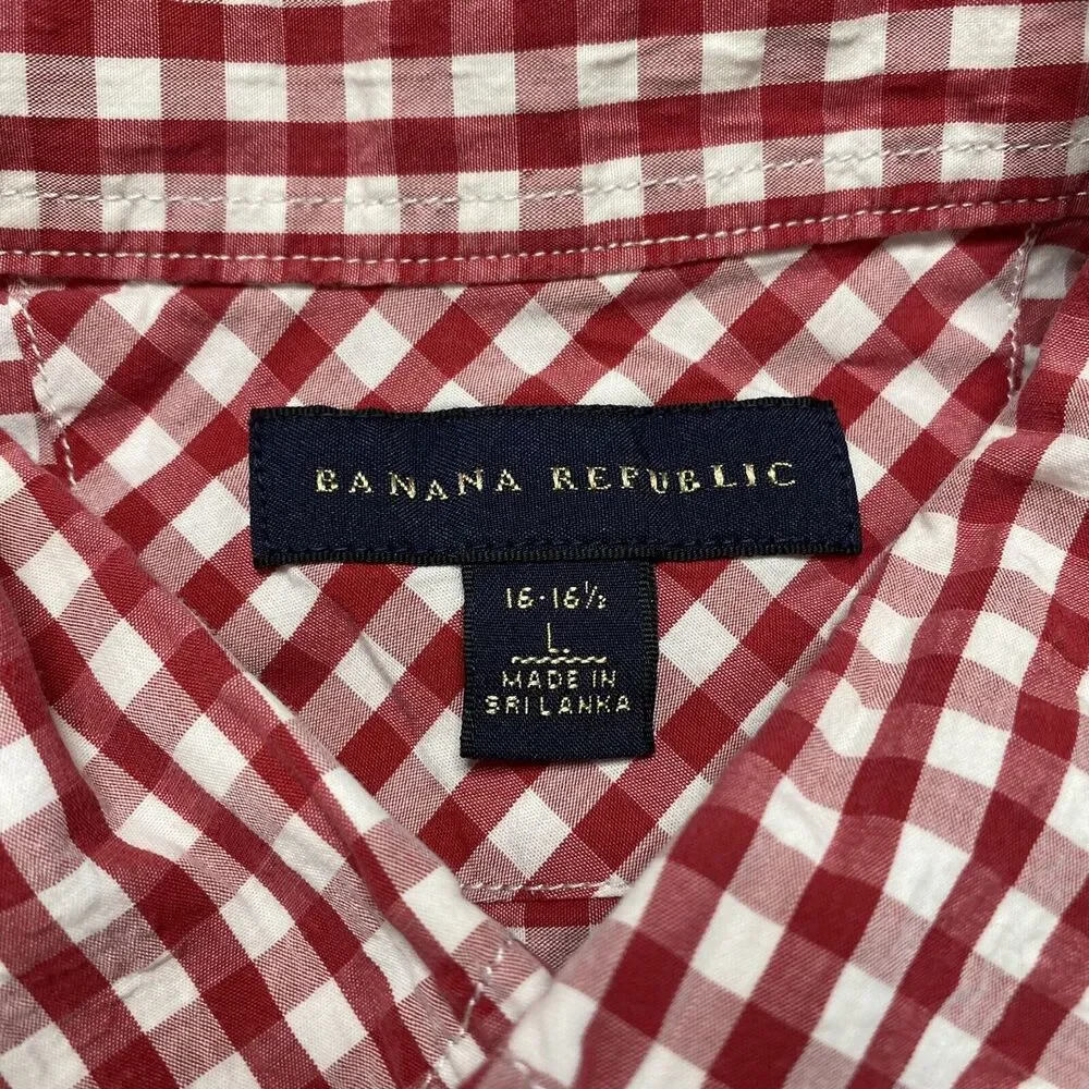 BANANA REPUBLIC Gingham Red White Plaid Button Down Shirt Mens 16-16.5 Large
